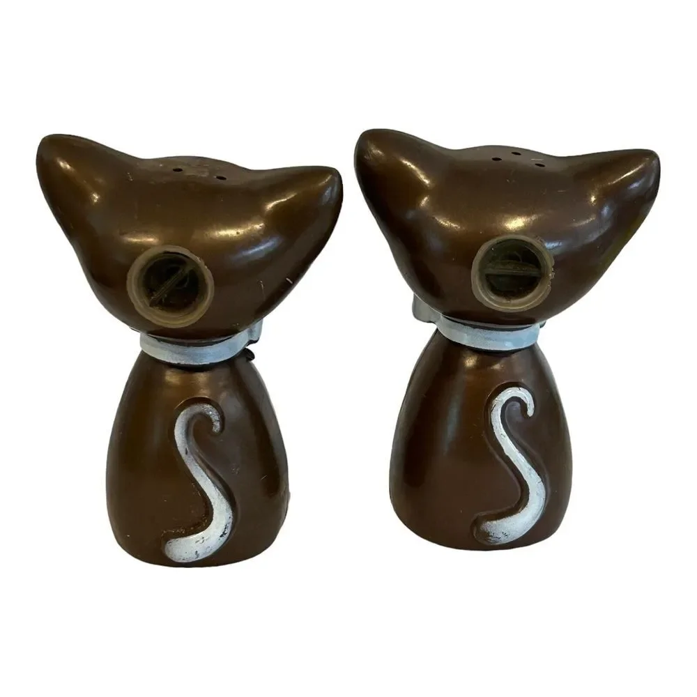 VINTAGE MCM‎ WINKING GOOGLY EYES CATS SALT PEPPER SHAKERS BROWN JAPAN 1960s